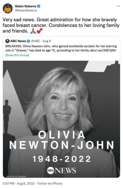 Robin Roberts on Twitter on the death of Olivia Newton-John
