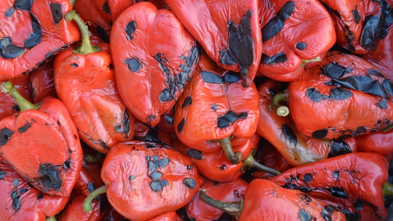 A bunch of grilled red peppers. Photo by Borislav Bajkic, Dreamstime. The Seriously Simple recipe for grilled sweet peppers and eggplant served with an olive oil balsamic drizzle is an colorful summer side dish.