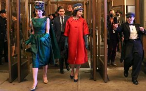 (L-R) Marin Hinkle, Michael Zegen, Rachel Brosnahan and Alex Borstein are seen at the film set of "The Marvelous Mrs. Maisel" TV series on April 26, 2021, in New York City.. Scott Huver in “Variety” shows how “Hacks” and “Marvelous Mrs. Maisel” have found a way to uniquely focus on stand-up comedy. Image