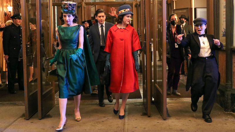 (L-R) Marin Hinkle, Michael Zegen, Rachel Brosnahan and Alex Borstein are seen at the film set of "The Marvelous Mrs. Maisel" TV series on April 26, 2021, in New York City.. Scott Huver in “Variety” shows how “Hacks” and “Marvelous Mrs. Maisel” have found a way to uniquely focus on stand-up comedy.