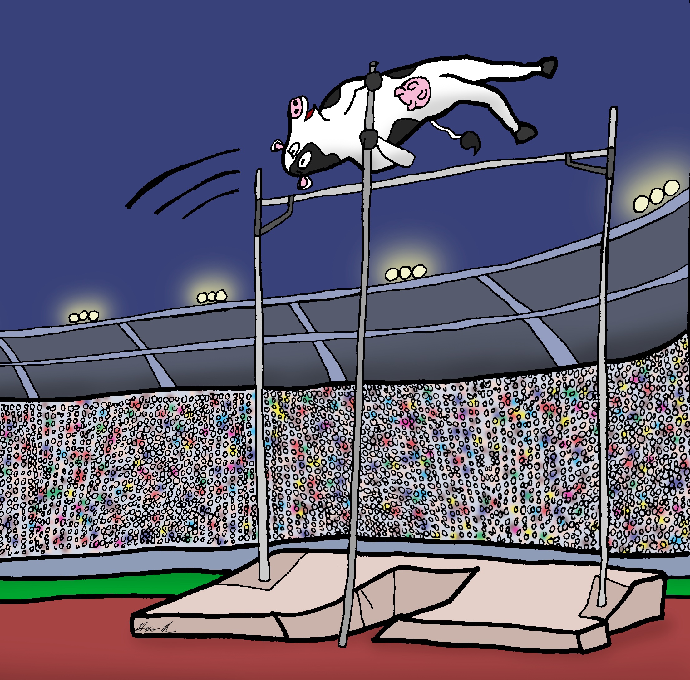 A cow pole vaulting in a crowded sports stadium. The Caption Contest October 2022