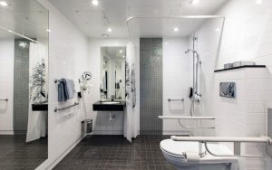 luxury accessible bathroom, photo by Bjorn Hovdal, Dreamstime. Many active adult communities have begun applying universal design principles in their residences to allow their residents to age in place. Image