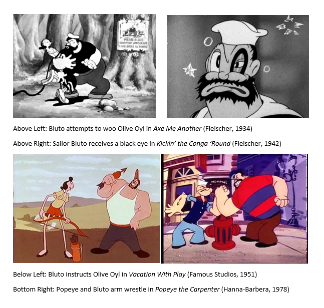 Cartoon strips comparing early black and white Popeye and Brutus with color versions.