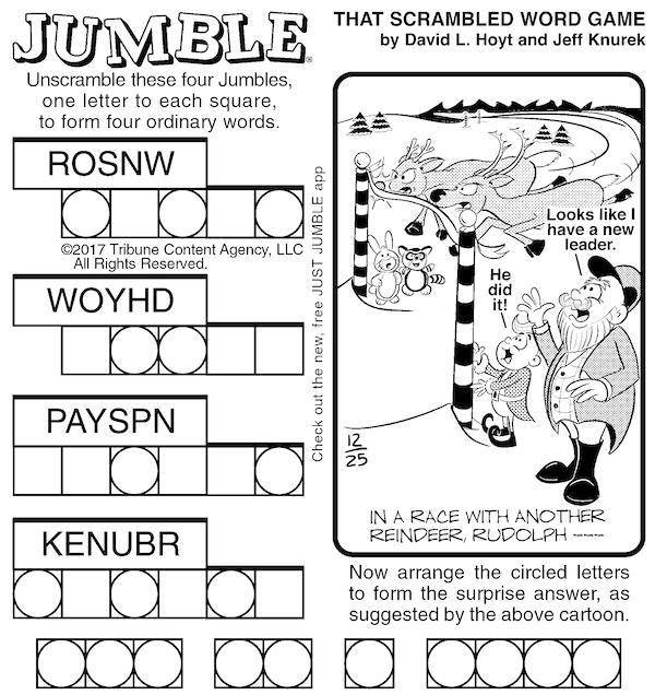 Classic Jumble puzzle, with Rudolph as part of the funny final answer