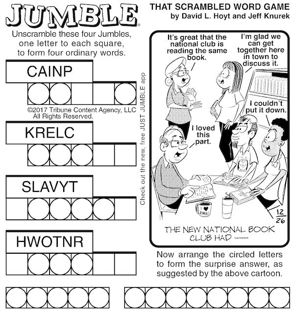 Classic Jumble puzzle for adults, with a national book club in the bonus answer