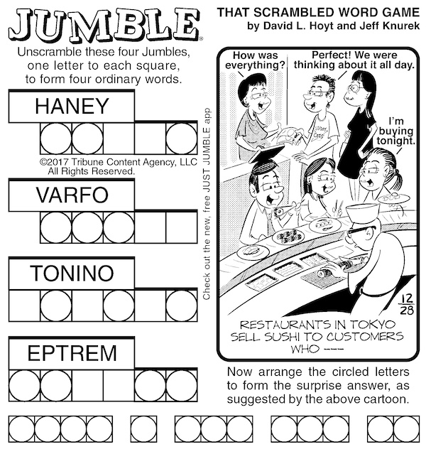 Jumble puzzle classic, in this week's sushi and sunglasses challenge