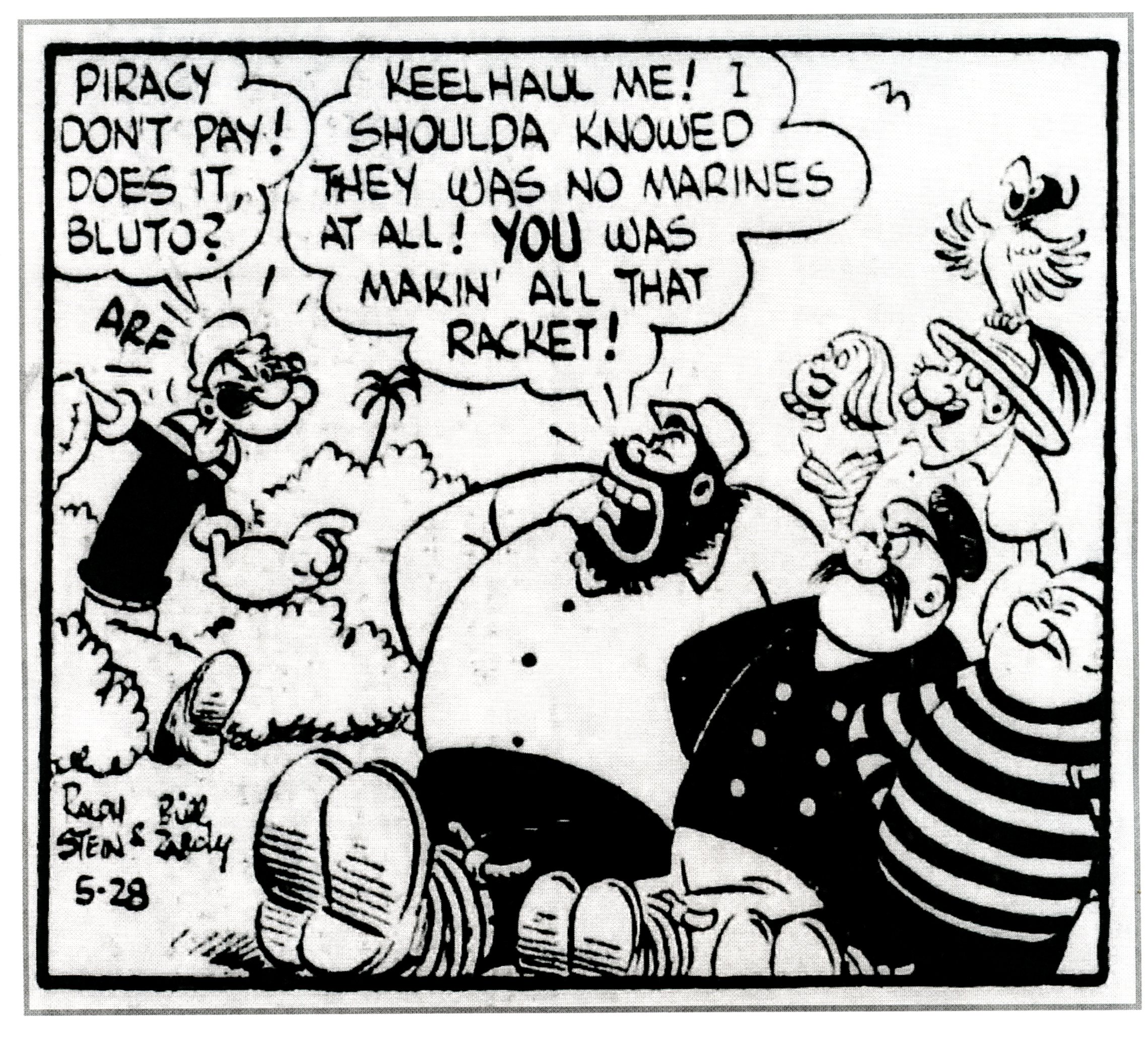 Writer Ralph Stein, along with cartoonist Bill Zaboly, put Bluto back in the daily comic strip. His capture took place on May 28, 1957.