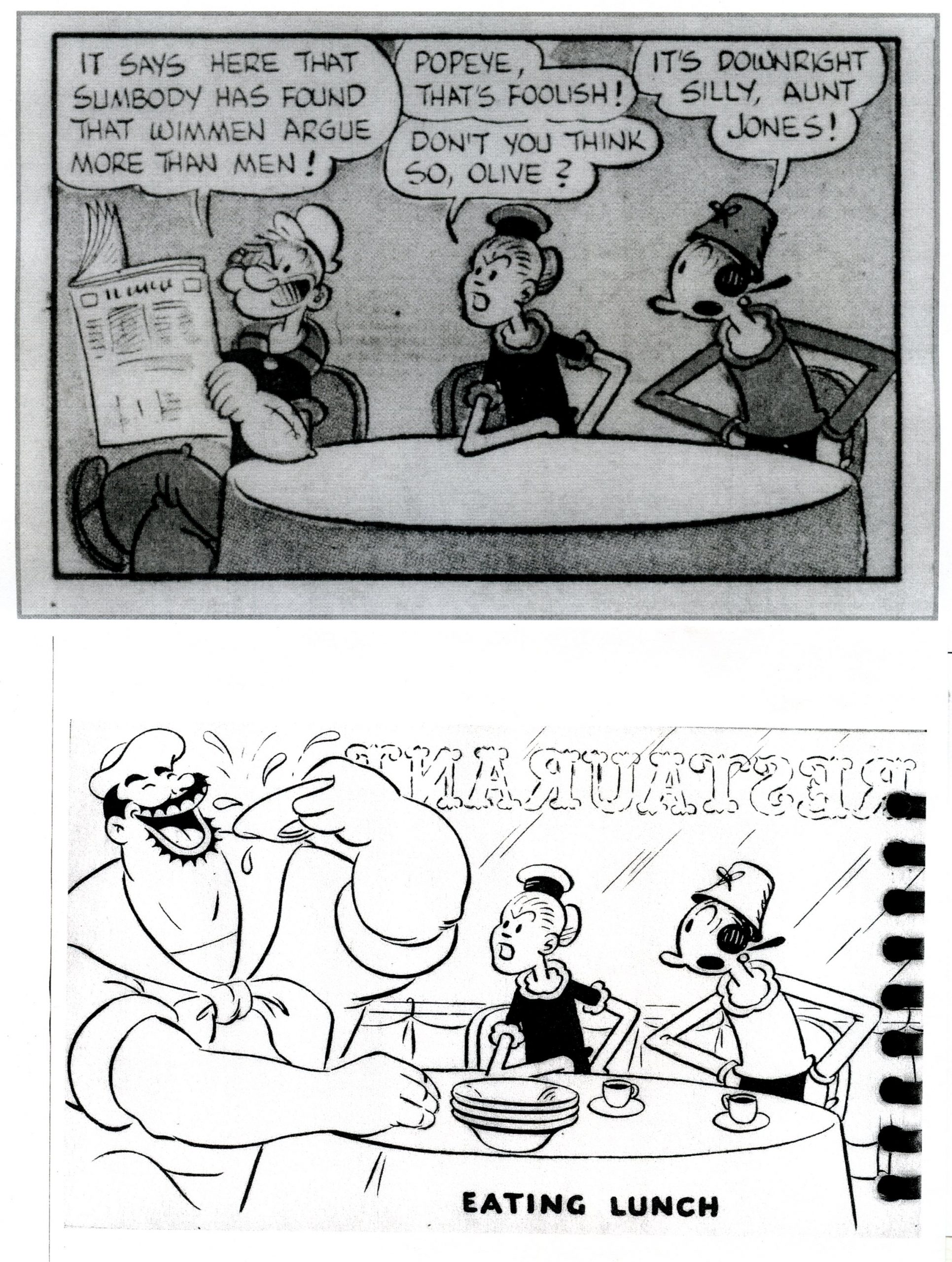 4 A comic strip panel was reproduced for a 1957 Color and Re-Color book. Bluto replaced Popeye and was included in the book due to his popularity with children.