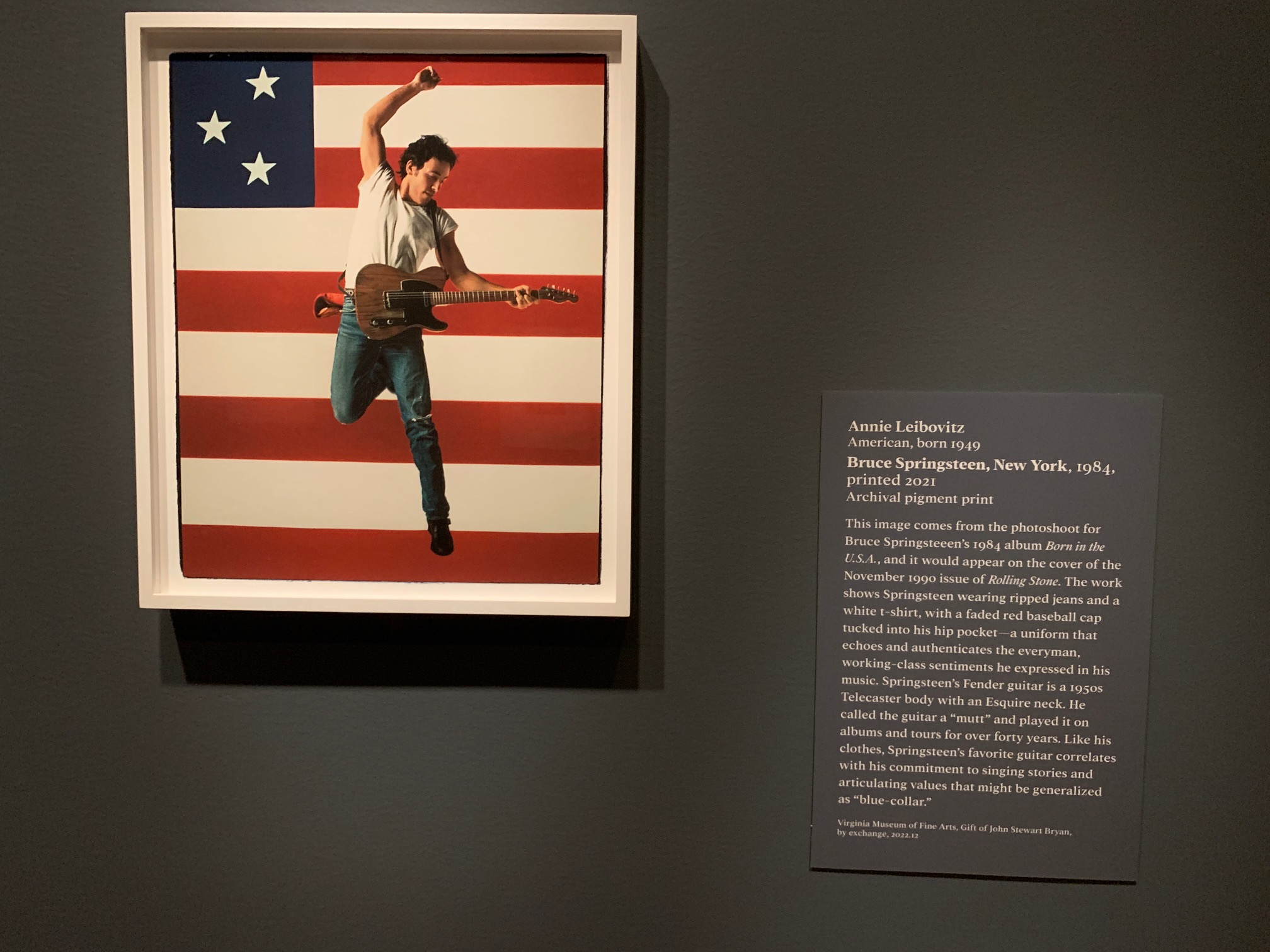 Annie Leibovitz, archival pigment print, “Bruce Springsteen, New York,” 1984. Part of the "Storied Strings" exhibition at the VMFA, Richmond, VA.