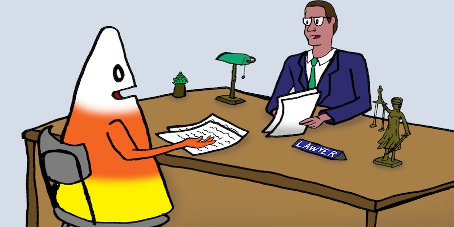 cartoon for contest to name caption November 2022: human-sized candy corn sitting at a lawyer's desk