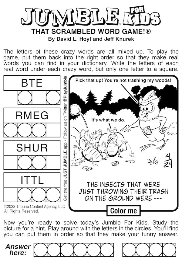 The Jumble for Kids scrambled word game. This edition featuring Jumble Puzzles with Bugs and Pigs