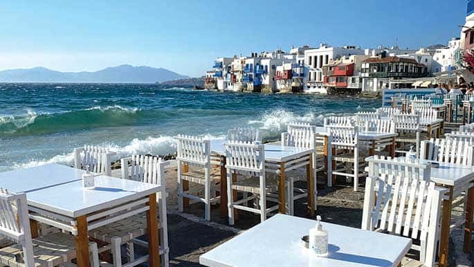 Mykonos town, view from the seaside restaurant, part of the Celestial Greek islands cruise.