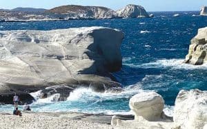 Sarakiniko Beach moonscape, Milos. The Idyllic Aegean cruise in the Greek islands includes a moon-like landscape, archeological wonders, adventure and fabulous food and wine. Image