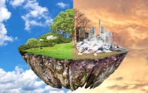 a healthy earth on one side and or trash and was on the other symbolizing global warming. Concept image by Gan Chaonan. Nature or profit? Exploitation of our planet prevails over environmental action or indigenous wisdom for healing: a paradox with high stakes. Image