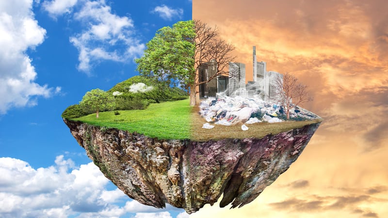 a healthy earth on one side and or trash and was on the other symbolizing global warming. Concept image by Gan Chaonan. Nature or profit? Exploitation of our planet prevails over environmental action or indigenous wisdom for healing: a paradox with high stakes. Image