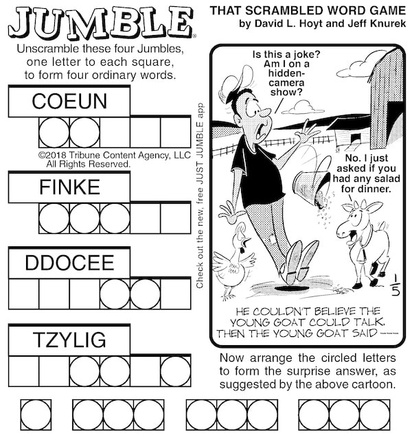 Classic Jumble puzzle, with a talking goat as the mystery riddle.