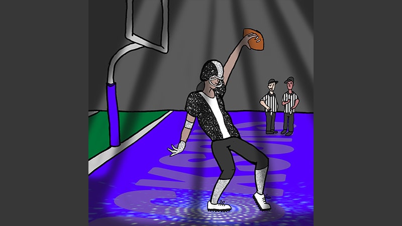 Cartoon of dancing football player for December cartoon caption contest from Boomer magazine. Cartoon by Brian Marsh