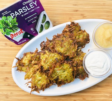 Herbed Latkes from celebrity chef George Duran, using Dorot Gardens flash-frozen herbs