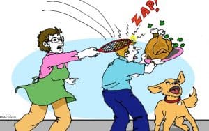 Cartoon of a woman using an electric flyswatter but hitting a person holding a turkey, while the dog looks on eagerly, waiting for the turkey to drop. Electric flyswatters are all the buzz for gift-giving. Writer Nick Thomas provides a tongue-in-cheek look at the gizmos, with firsthand experience to support his recommendations. Image