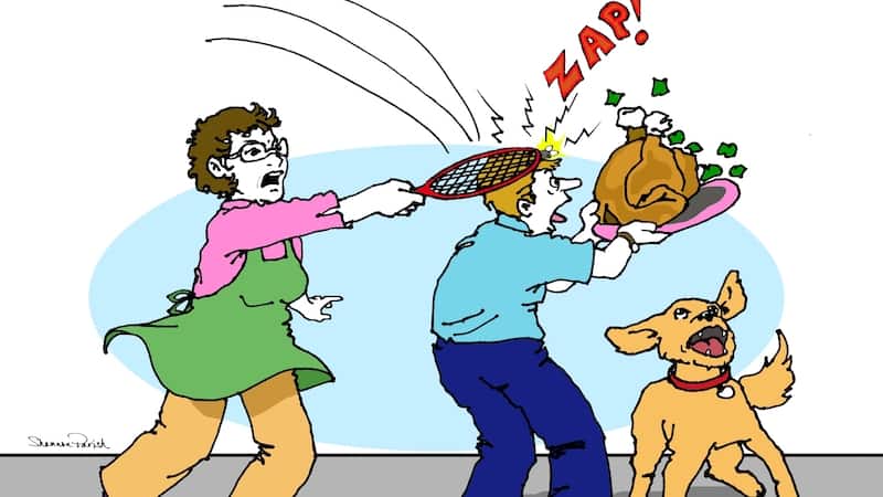 Cartoon of a woman using an electric flyswatter but hitting a person holding a turkey, while the dog looks on eagerly, waiting for the turkey to drop. Electric flyswatters are all the buzz for gift-giving. Writer Nick Thomas provides a tongue-in-cheek look at the gizmos, with firsthand experience to support his recommendations.