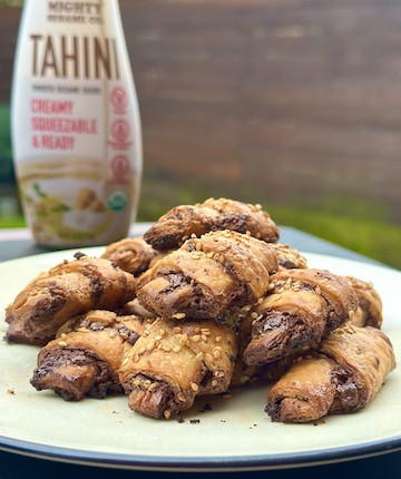 Easy Chocolate Tahini Rugelach, for recipe by celebrity chef George Duran, using Mighty Sesame Co. organic tahini
