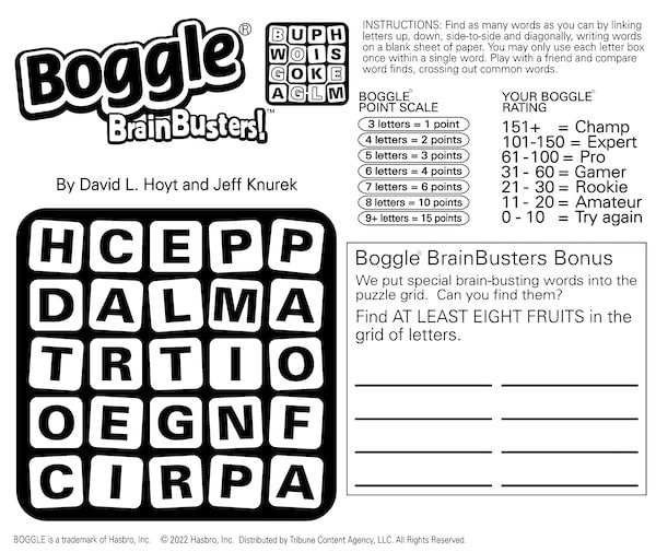 A fruity Boggle puzzle: find at least eight fruits in the cube of letters