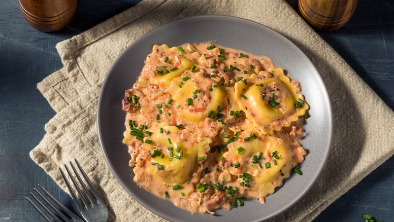 lobster ravioli on a plate. Image by Bhofack2. This recipe for creamy lobster ravioli creates an impressive delicious entrée, PLUS it includes a helpful pasta-making primer. Learn and eat!