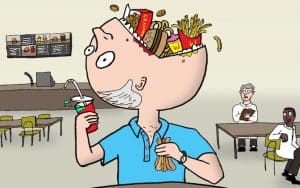 cartoon of man with huge mouth on top of his head, stuffing it with junk food still in the package. Cartoon by Brian Marsh. Image