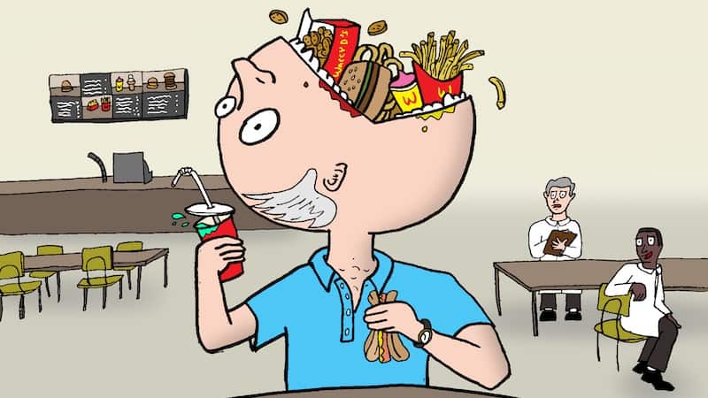 cartoon of man with huge mouth on top of his head, stuffing it with junk food still in the package. Cartoon by Brian Marsh. Image