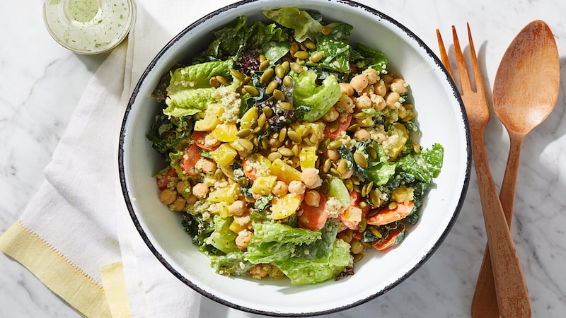 Cilantro adds color and flavor when blended to make a creamy dressing for this hearty Chopped Power Salad. Enjoy it for lunch or dinner year round.