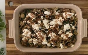 Loaded with power greens, leeks, onions, herbs, and spices and served with pasta – Orecchiette with Super Greens, Yogurt, and Feta: delicious! Image