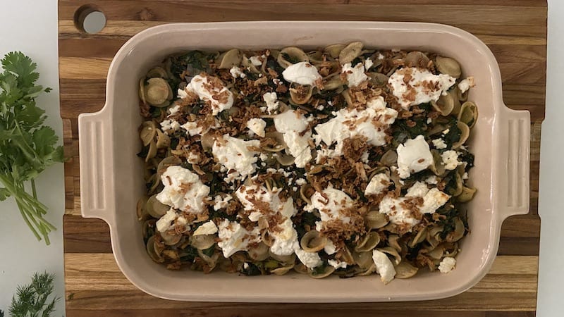 Loaded with power greens, leeks, onions, herbs, and spices and served with pasta – Orecchiette with Super Greens, Yogurt, and Feta: delicious!