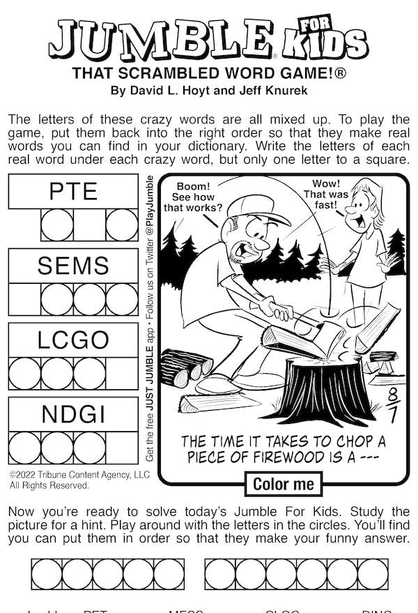 Jumble for Kids: Chopping firewood cartoon as part of the mystery clue
