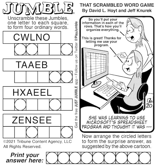 Classic Jumble puzzle with a spreadsheet final answer. For Jumble puzzles post with riddles and spreadsheets