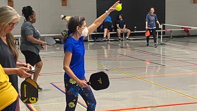 Mary Jo Panettieri serves up a pickleball at Tarboro Road Community Center in Raleigh. (Josh Shaffer/The News & Observer/TNS). A reporter from Raleigh, North Carolina, catches up with a couple from Connecticut who are on a mission to play pickleball in all 50 states.