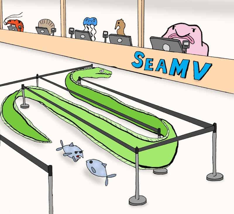 An eel "in line" at the SeaMV with two fish behind him. Boomer cartoon caption contest April 2023