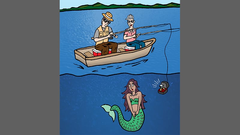 Name That Caption: Boomer Cartoon Caption Contest March 2023 - two men fishing, one dangling a box with a diamond ring, and a mermaid below the boat in the water