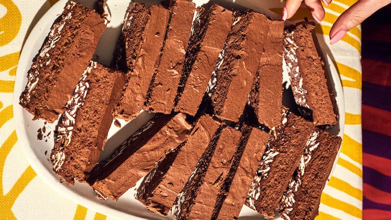Matzo Farfel Kit Kat elevates the store-bought candy concept and uses only Passover-approved ingredients – but it’s a hit any time of year. This Kit Kat-inspired confection combines a layer of wafery crispiness with a lighter-than-air chocolate mousse to create a dessert that transcends its origins while still managing to be delightfully playful. Image