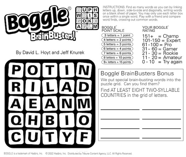 Boggle puzzle country search - the words hidden in the mixed-up letters