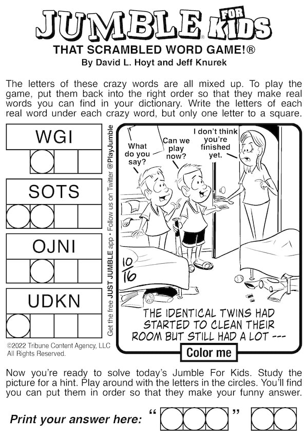 Kids Jumble scrambled word puzzle. For combo article on Jumble with cartoons and twins
