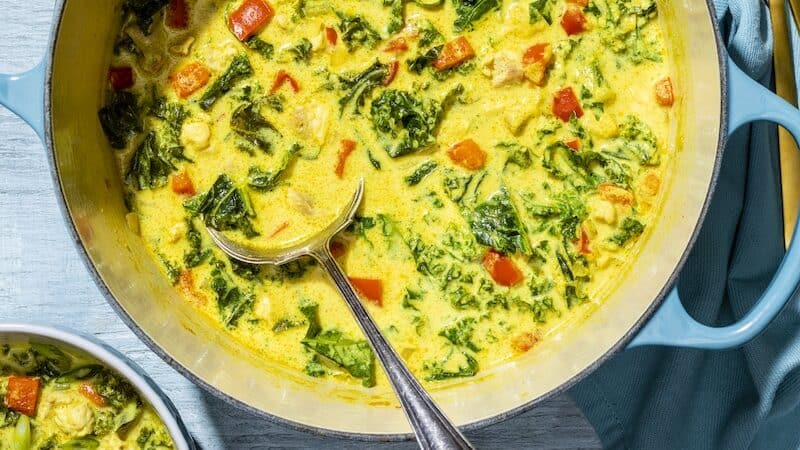 This hearty bowl of curried chicken soup with coconut and kale is the perfect meal to erase the chill outside, or just warm up your insides. Image