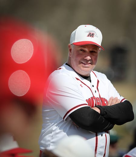 Jim Fullan, 56, who is a member of the Montgomery County Community College baseball team, takes a practice swing during their game in Blue Bell, Pennsylvania, on March 5, 2023. (David Maialetti/The Philadelphia Inquirer/TNS)