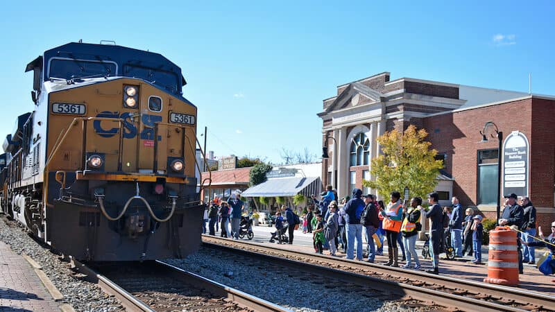 CSX train engine in Ashland, Virginia, on Ashland Train Day. By Diane Stoakley. More of What’s Booming in Richmond, Virginia, April 27 on: Herbs Galore, BioBlitz, Neil deGrasse Tyson ticket pre-sales, authors, arts, music Image