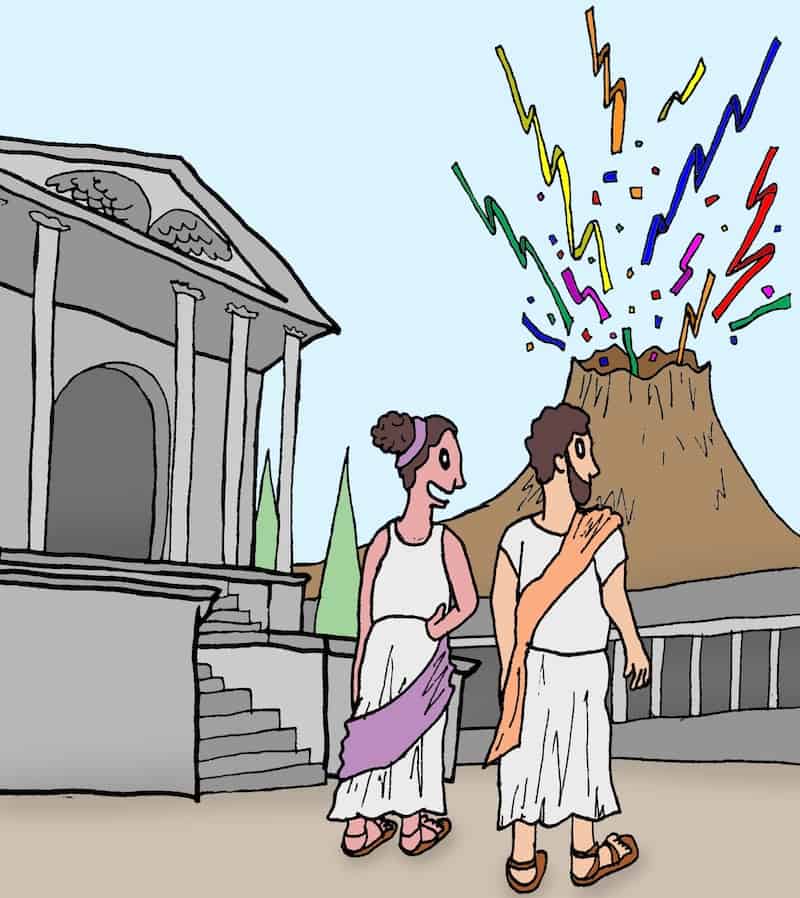 Two ancient Romans surrounded by Roman buildings with a volcano spewing confetti in the background. For the May 2023 Caption Contest in Boomer magazine.