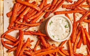 These crispy carrot fries are crispy on the outside, tender on the inside. Image