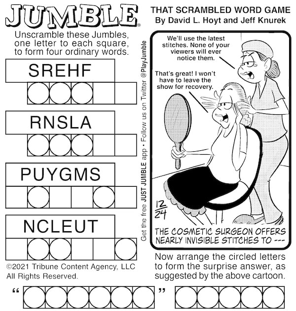 Jumble classic puzzle: This week’s Jumbles feature riddles and stitches. Unscramble the words and the funny bonus answer with a Jumble for Kids and the classic.