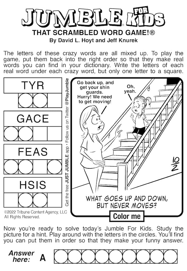 Jumble puzzle for kids. This week’s Jumbles feature riddles and stitches. Unscramble the words and the funny bonus answer with a Jumble for Kids and the classic.