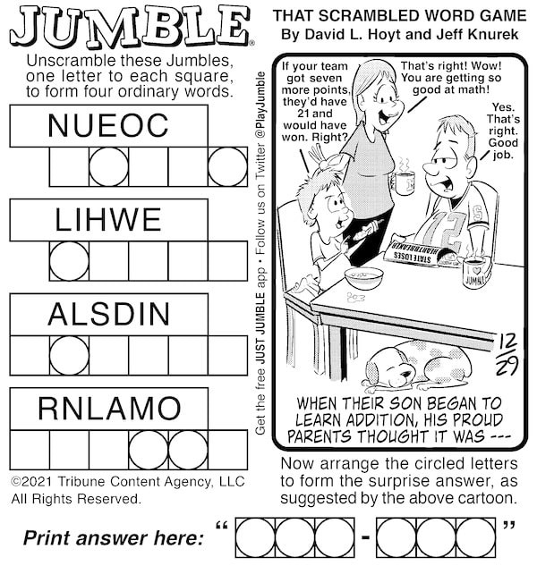 Classic jumble puzzle, with a kid learning math and proud parents