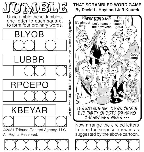Classic Jumble, with adults celebrating New Year's Eve in the surprise bonus answer, for the week's collection entitled Pop the Secrets