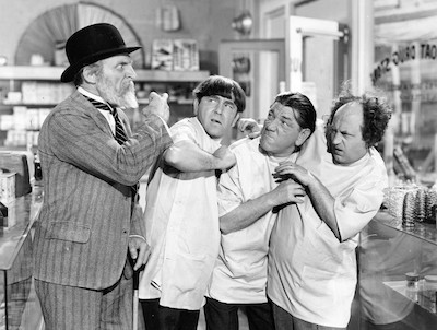 The Three Stooges, Moe, Shemp, and Larry with Emil Sitka in All Gummed Up, 1947 - Columbia Pictures